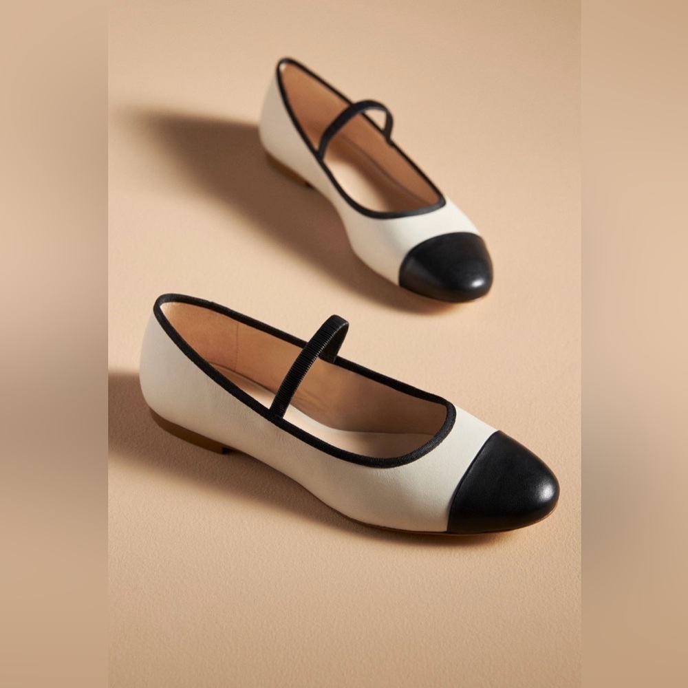 Anthropologie Maeve Cap Toe Mary Jane Flats, Two-Toned Cream/Black, Size 11/11.5